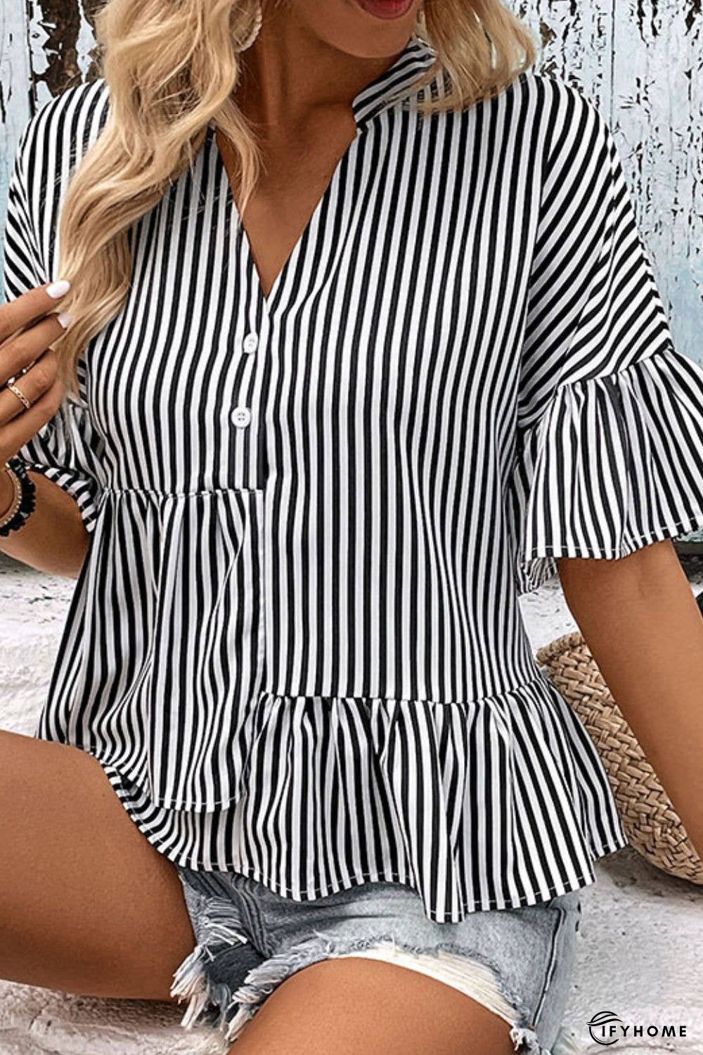 Striped Asymmetrical Flounce Sleeve Blouse | IFYHOME