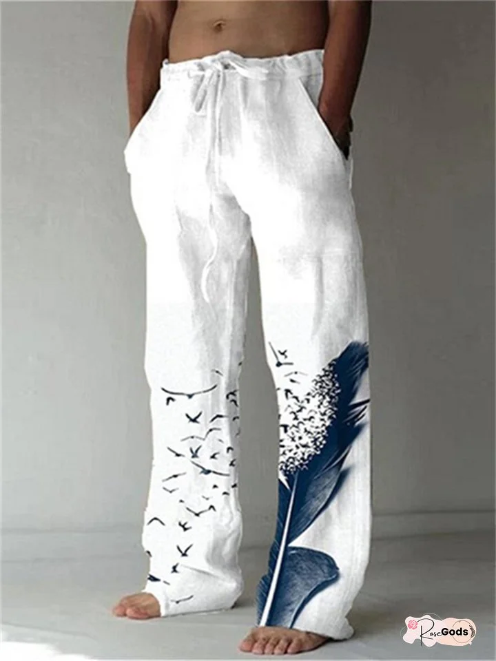 Men's Linen Pants Trousers Summer Pants Beach Pants Drawstring Side Pockets Elastic Waist Graphic Prints Feather Breathable Lightweight Daily Yoga For Vacation Casual Chinoiserie White Blue