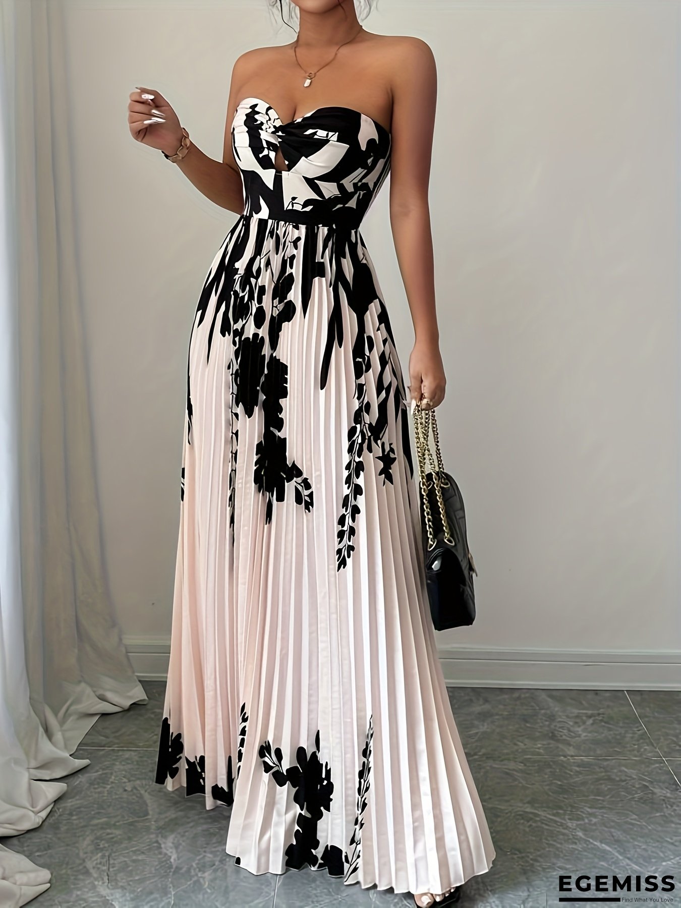 Women's Twisted Print Pleated Swing Dress - Long Casual Vacation Elegant Maxi Dress With Waist Tie, Color Block Splicing And Ruched Hem, Stylish Versatile Holiday Outfit | EGEMISS
