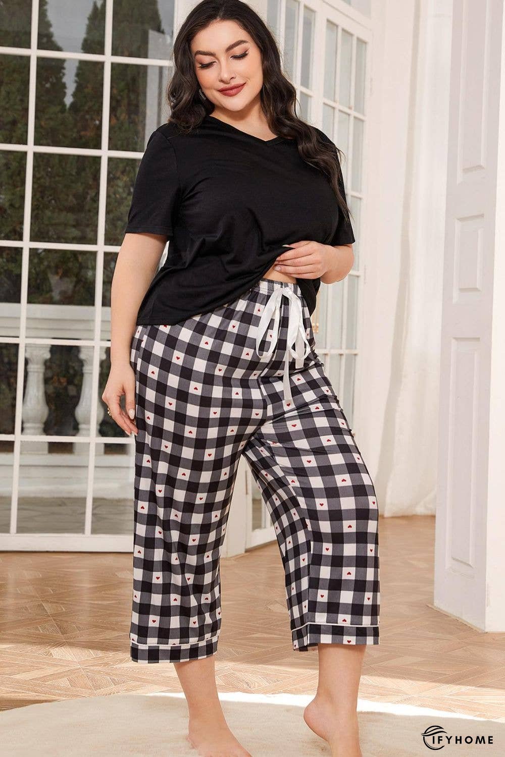 V-Neck Tee and Plaid Cropped Pants Lounge Set | IFYHOME