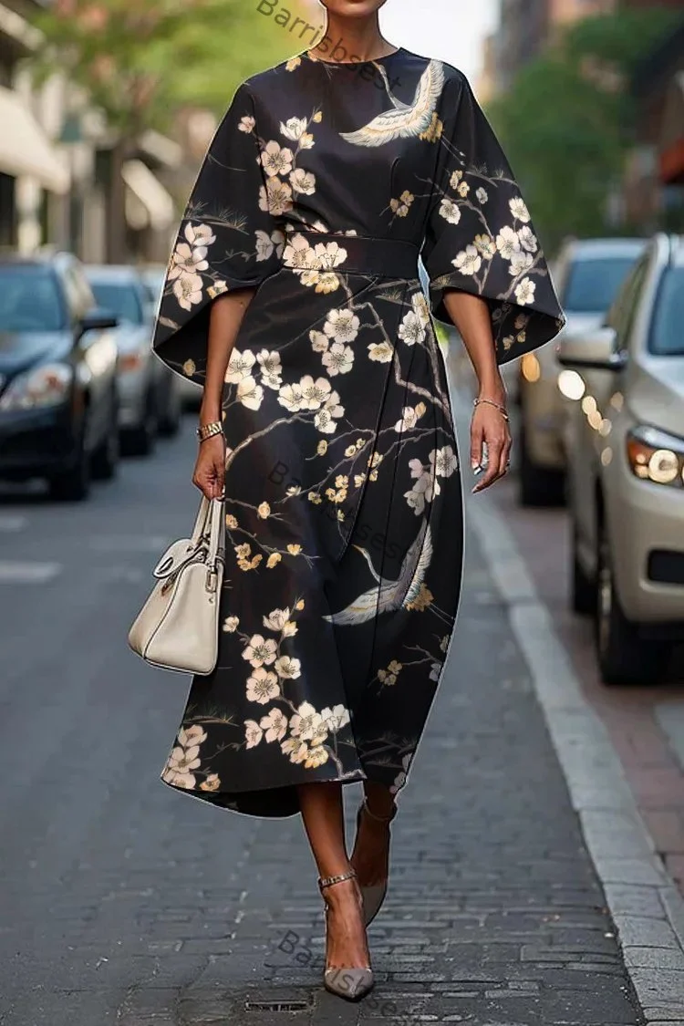 Women's Elegant Japanese Crane Cherry Blossom Art Print Midi Dress