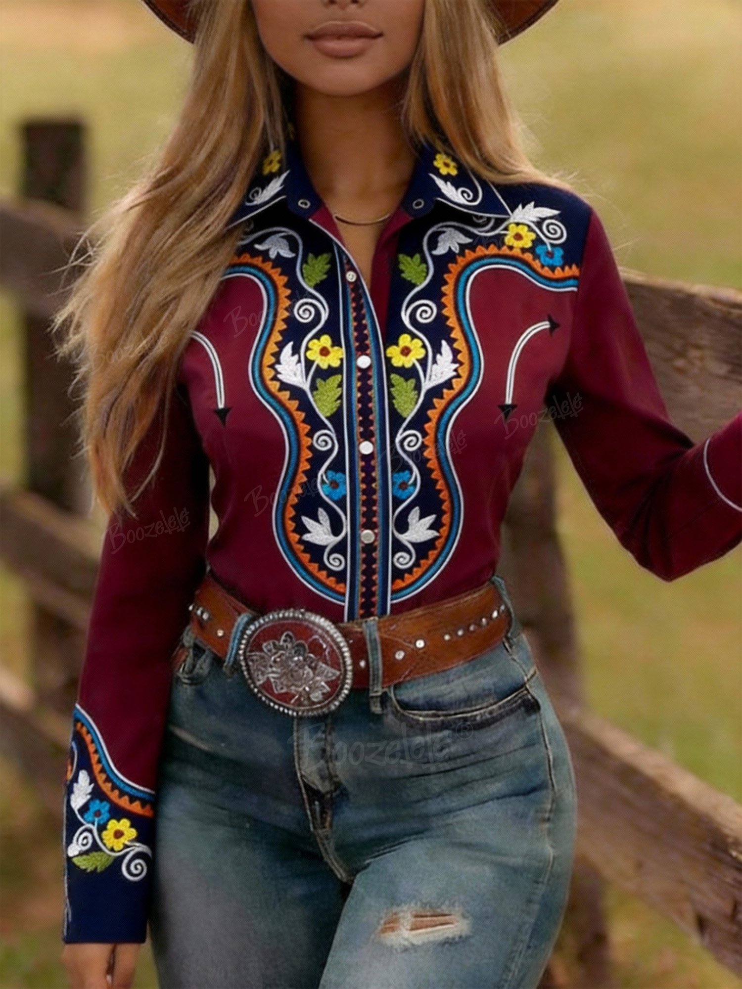 Western-Style Vintage Floral Print Cowgirl Shirt &ndash; 100% Cotton Shirt