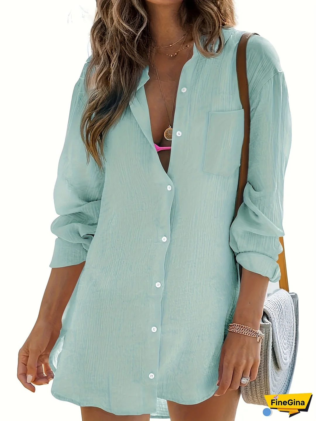 Women's Navy Blue Long Sleeve Cotton Gauze Beach Blouse - Button-Up Shirt With Chest Pocket, Casual Sun Protection Top For Spring & Fall