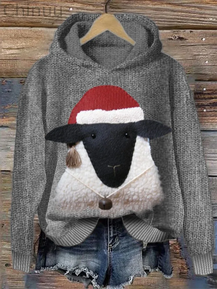 Christmas Sheep Fleece Leather Art Knit Hoodie