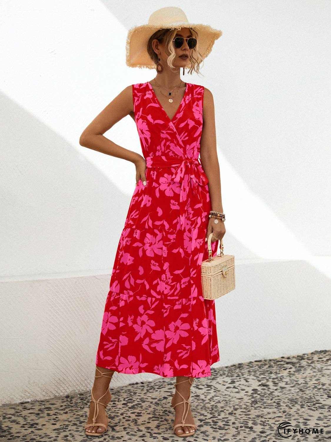 Tied Printed Surplice Tiered Dress | IFYHOME
