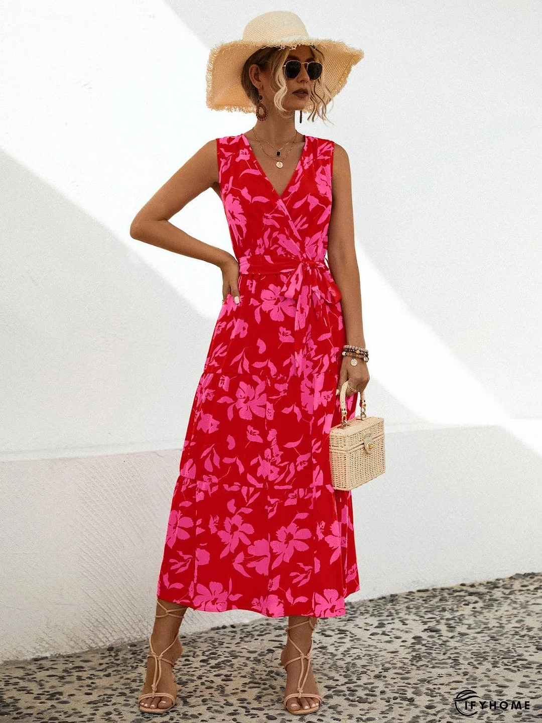 Tied Printed Surplice Tiered Dress | IFYHOME