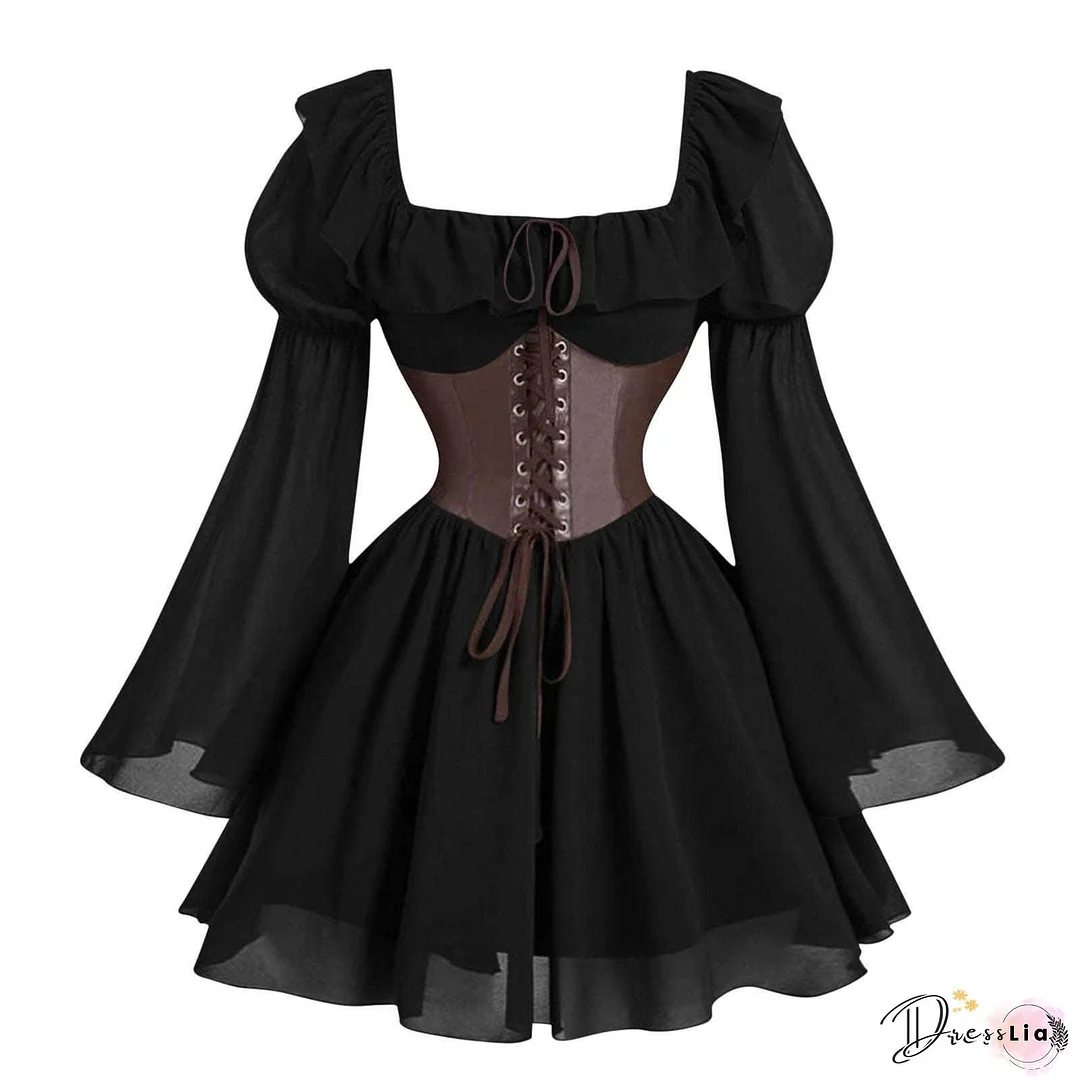 Autumn Pleated A-Line Vintage Dress, Semi-Formal Women's Fall Clothing With Bow Tie Long Sleeve Off-The-Shoulder Belted Waist Slim Fit Commuter Dress, Evening Wear, Office Attire, Offshoulder Design, Elegant Dress, Classic Tailoring, Tailored Fit