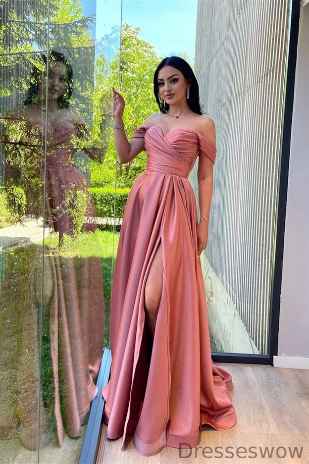 Dresseswow Dusty Rose Off-the-Shoulder Evening Dress Long Slit