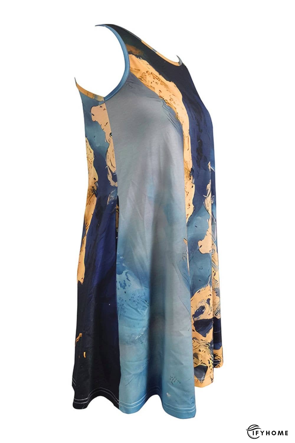 Abstract Print Round Neck Sleeveless Dress with Pockets | IFYHOME
