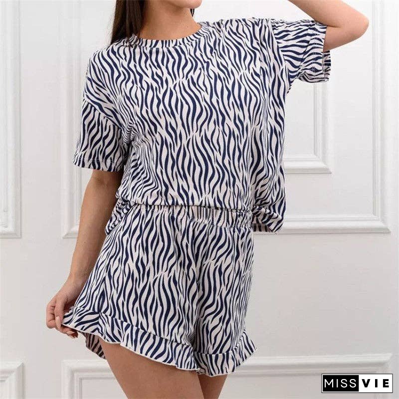 Leaf Print Hem Short Sleeve Pajama Set
