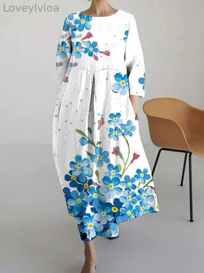 Women's forget me not Flower Print  Casual Cotton Linen Dress