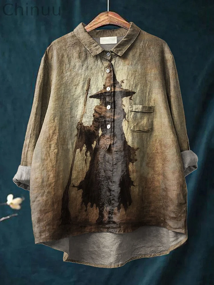 Vintage Lovely Witch Art Print Casual Cotton And Linen Shirt