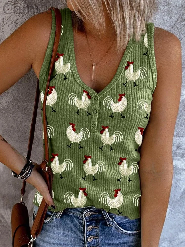 Vintage Roosters Embroidered Button Up Tank Top