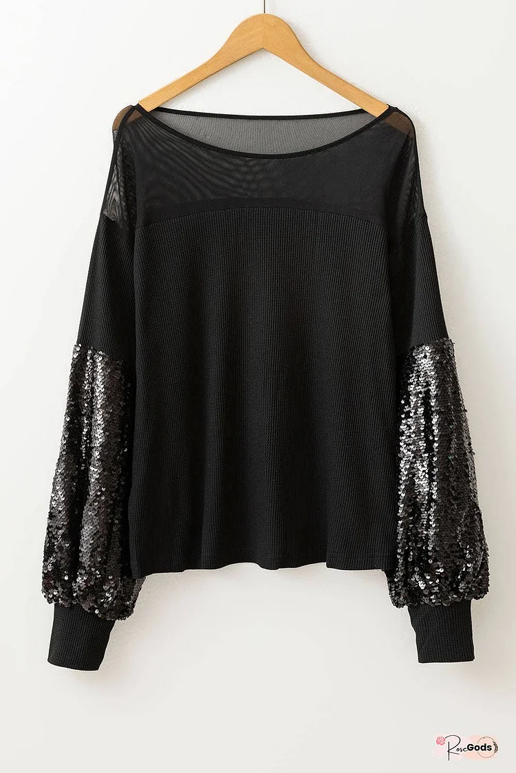 Sequin Patchwork Lantern Sleeve Blouse