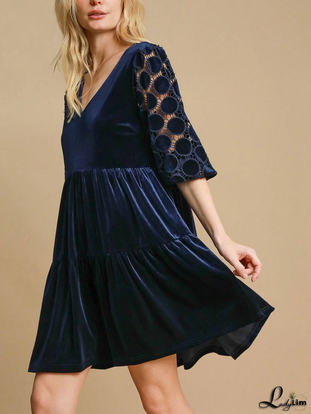 Women's Casual Babydoll Dress Elegant Dotted Lace Sleeve Velvet A-Line Mini Dress V-Neck Navy Eyelet Cutout Perfect For Spring/Fall Party Outfit Or Holiday Events And Formal Occasions