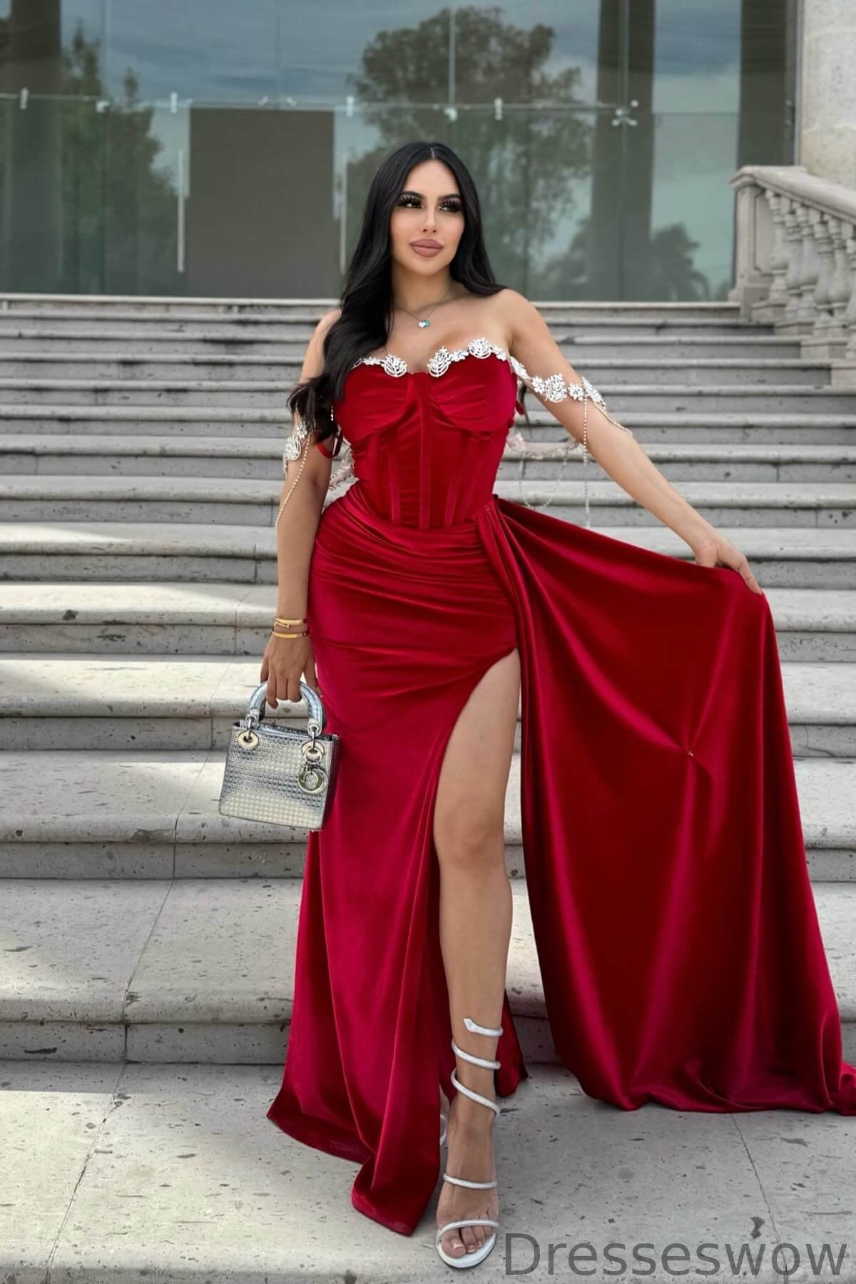 Dresseswow Red Sweetheart Off-the-Shoulder Mermaid Ball Dress With Split Ruffles Beads
