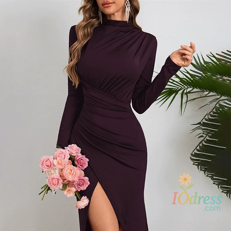 IO Dress Women's Slim Fit Long Sleeved Dress Autumn Fashion round Neck Pleated Slit Elegant Style for Temperament