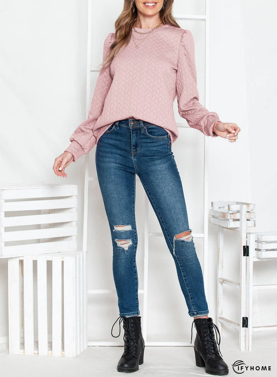 Rosy Waffle Quilted Puff Sleeve Sweatshirt | IFYHOME