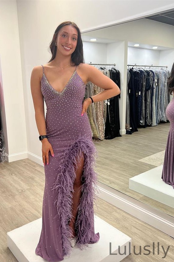 Luluslly Spaghetti-Straps V-Neck Evening Dress Sleeveless Slit With Beads Feather