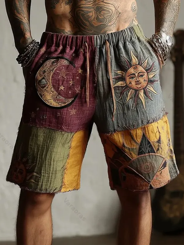Men's Retro Sun And Moon Hippie Art Print Casual Shorts 8ab0