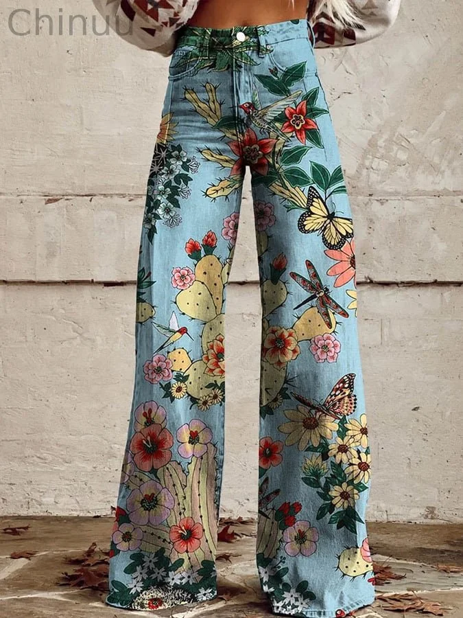 Women's Vintage Botanical Floral Wide Leg Pants