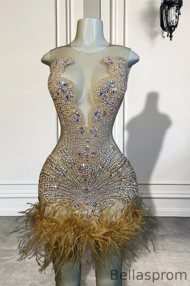 Bellasprom Scoop Sleeveless Short Prom Dress With Crystals Beadings Feathers Online Bellasprom