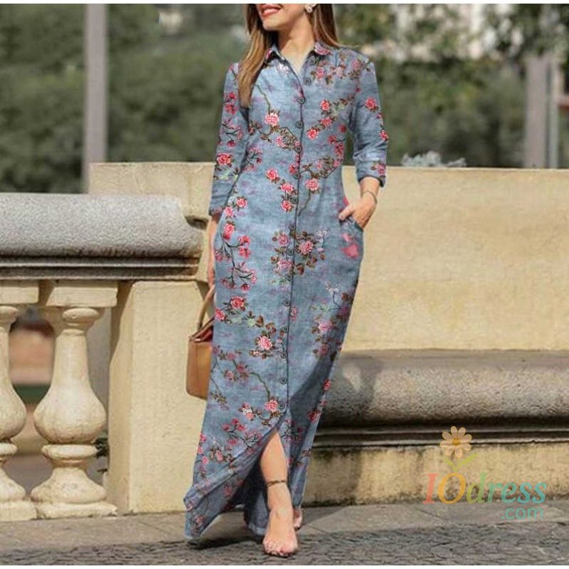 IO Dress Vintage Flower Print Loose Shirt Dress Autumn Fashion Lapel Collar Button Dress Women Casual Long Sleeve Pocket Maxi Dresses IO Dress