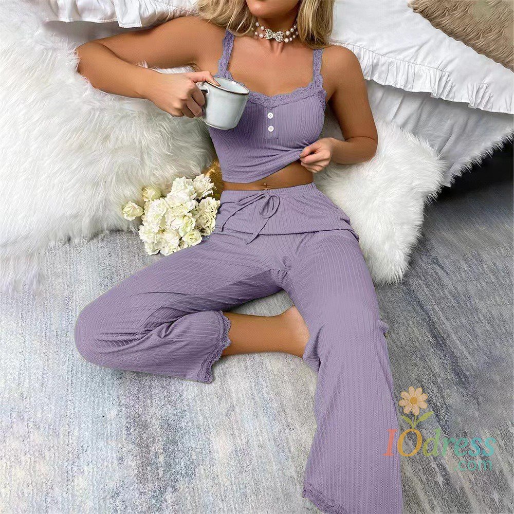 IO Dress New Women's two-piece pajama set with solid color lace edging sexy slim fit suspender and pants soft and comfortable pajamas set
