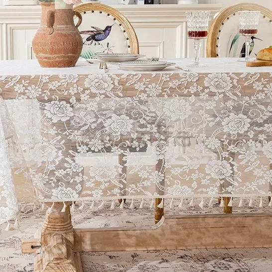 Rustic-style lace tablecloth, rectangular tablecloth for home use, tea table cover, light-colored woven and embroidered antique-style tablecloth, stain-resistant and wrinkle-resistant home-style rectangular tablecloth eltralife