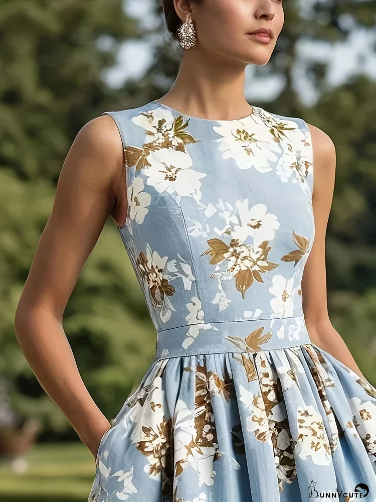 s & White Floral Print A-Line Dress - Sleeveless A-Line Wedding Guest Dress with Round Neck, Short Train-like, Machine Washable Summer Formal Party Dress ( Golden Brown) - Non-Stretch Elegant Gown