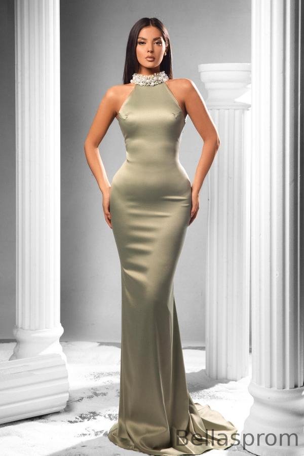 Bellasprom High Neck Sleeveless Mermaid Prom Dress With Pearls Bellasprom