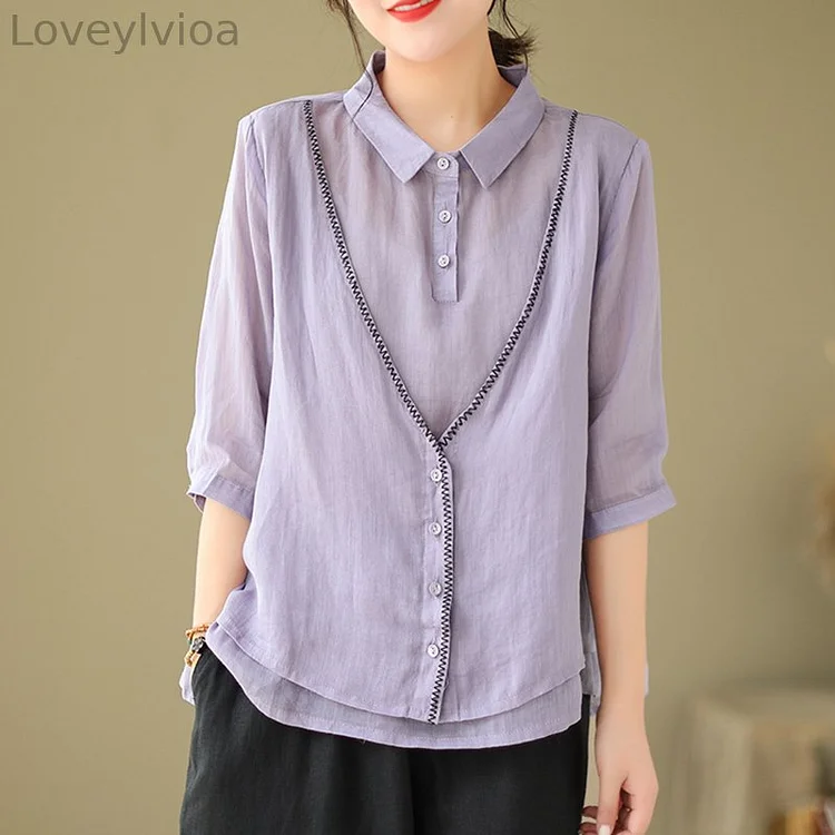 Women's Embroidery Button Down Cotton Linen Casual Shirt