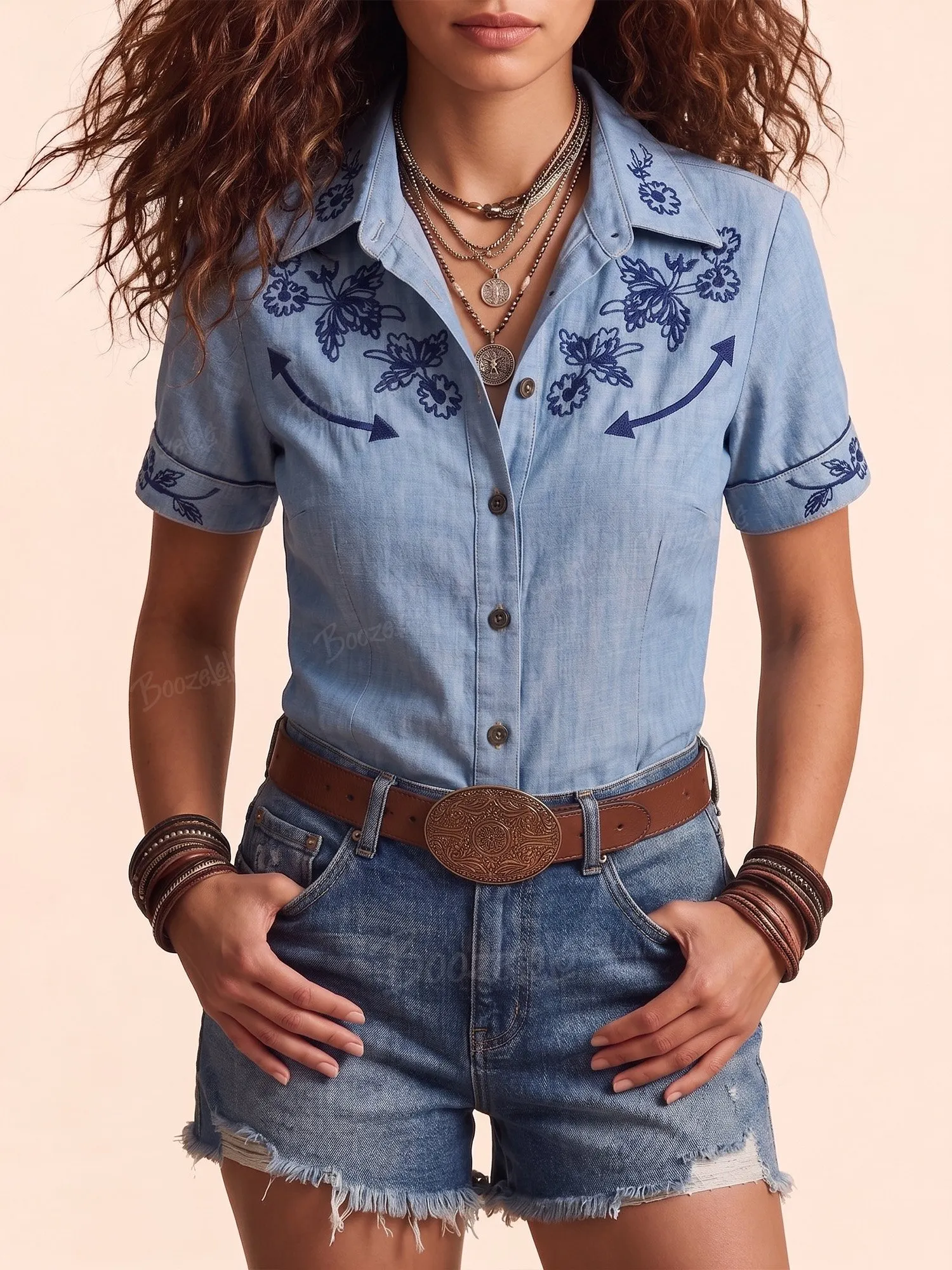 Western Style &mdash; Light Blue Vintage Floral Embroidered Pure Cotton Shirt