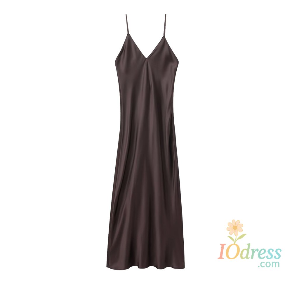 IO Dress TRZA-Women's Satin Midi Dress, V Neck, Thin Straps, Backless, Female Dresses, Sexy Fashion
