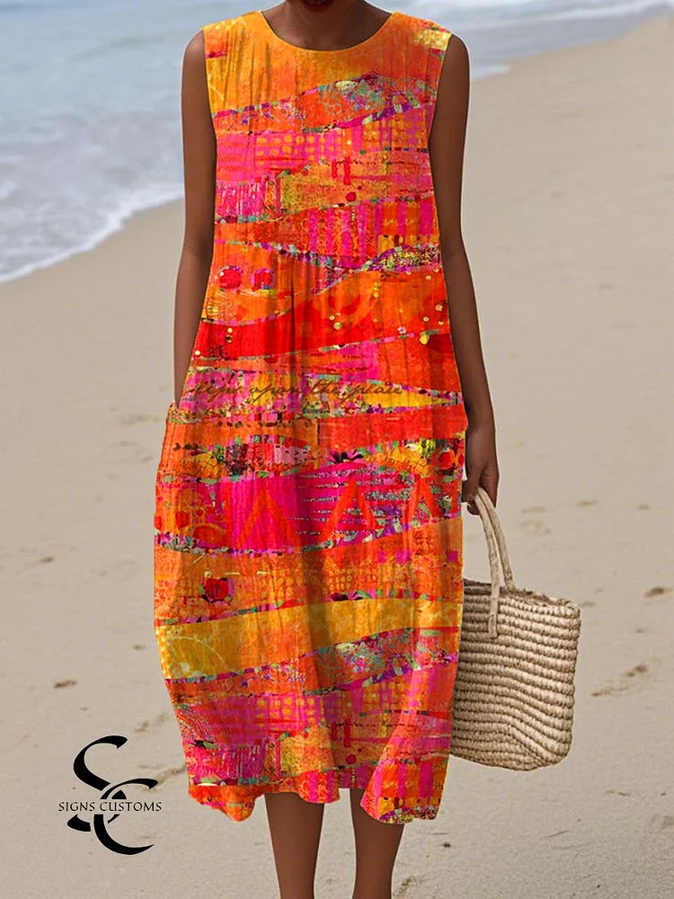 Women's Vintage Abstract Geometry  Art Print Sleeveless Cotton Pocket Wrap Dress