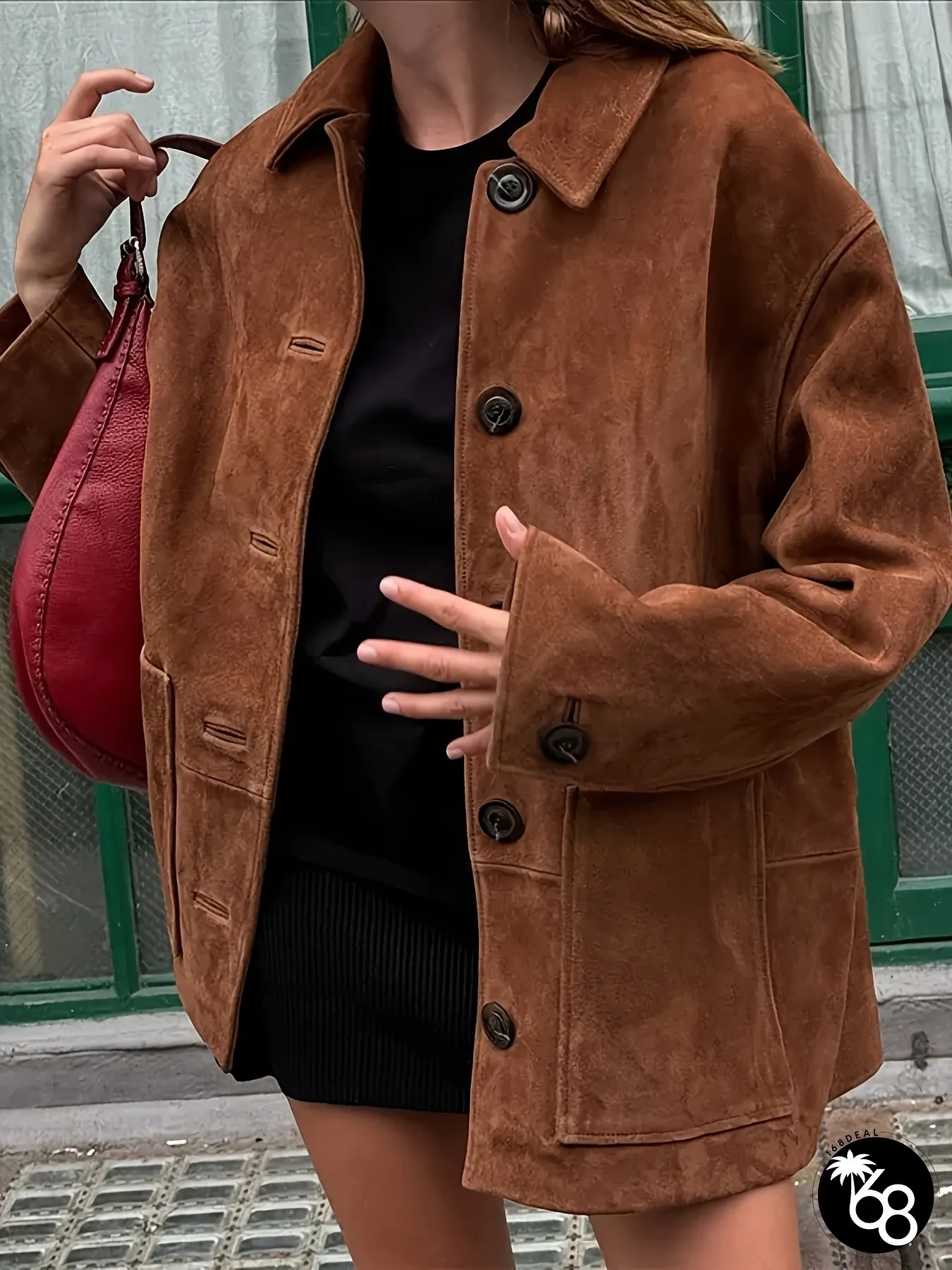 Womens Jacket Coffee Brown Retro Collar Structured Coat with White Piping Buttons Long | 168DEAL