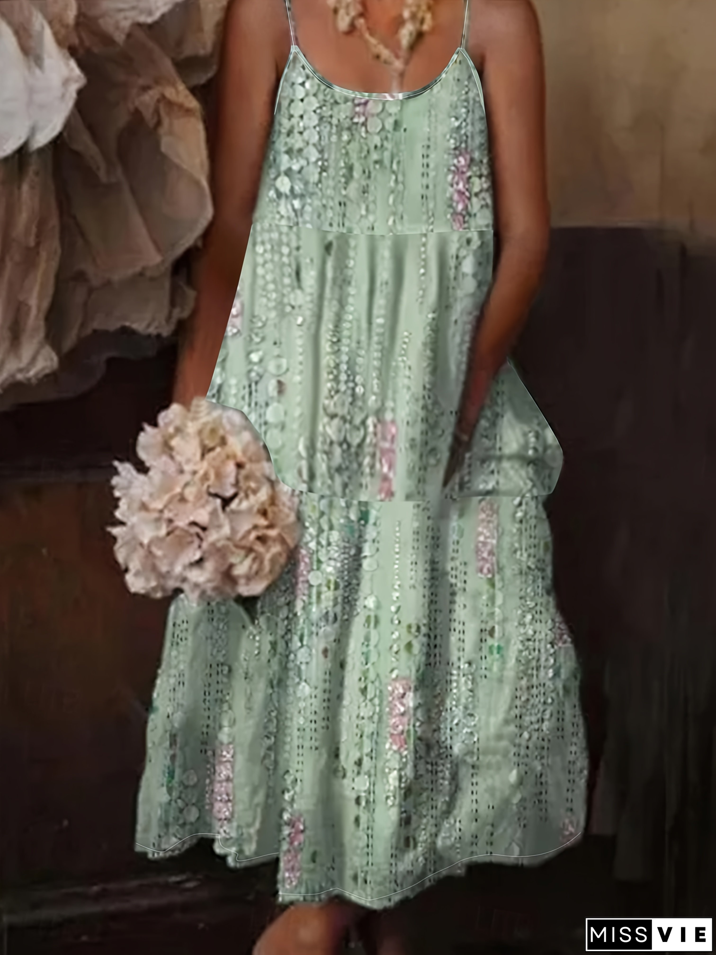 Boho Chic Mint Green Floral Print Sleeveless Maxi Dress With Thin Strappy Shoulder Straps - Casual Beach & Summer Style, Lightweight Polyester Fabric, Machine Washable, Beach Dress