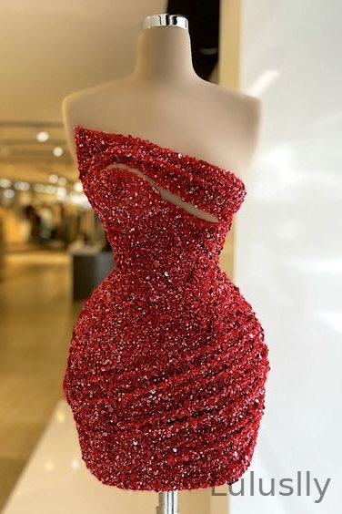 Luluslly Red Short Evening Dress With Sequins On Sale Sleeveless