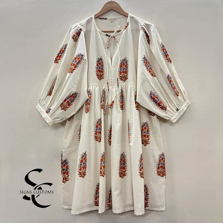 Floral Hand Block Print Woman Midi Dress &ndash; Bohemian Cotton Tunic for Women with String Closure & Full Lining