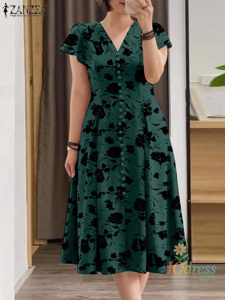 IO Dress Shop Woman Summer Midi Dress Fashion Floral Print Ruffle Cap Sleeves V-neck A-line Vestidos Casual Fitted-waist Party Sundress IO Dress