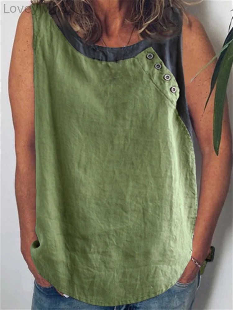 Contrast Color Patchwork Button Accent Tank Top