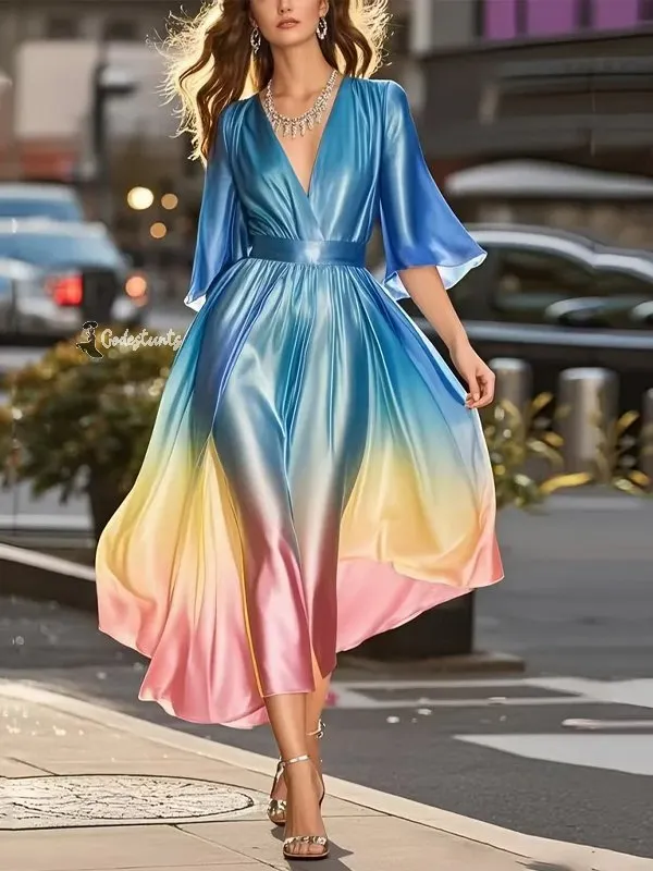 Light Blue Gradient V-neck Silk Midi Dress