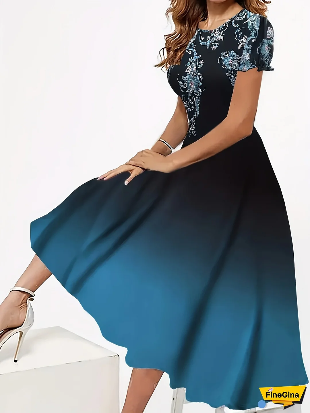 Elegant Color Gradient Print Dress With Short Sleeves - Perfect For Spring And Summer, Women's Fashion, Drawstring Waist, A-Line Silhouette, Casual Attire|Floral Print Dress|Polyester Fabric