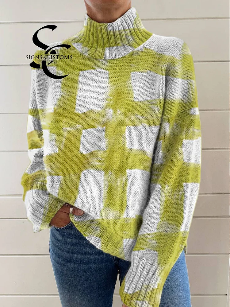 Women's Brushstroke Art Print Knit Turtleneck Pullover Sweater