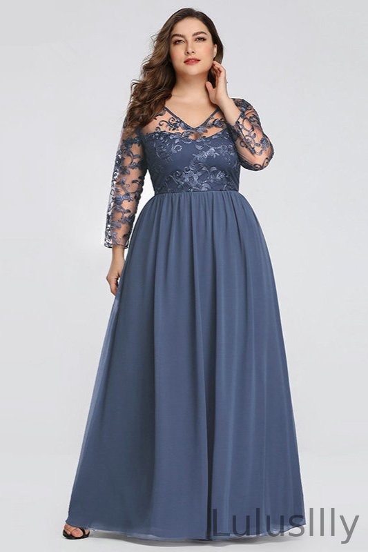 Elegant Dusty Blue Long Sleeve Plus Size Evening Gowns - lulusllly