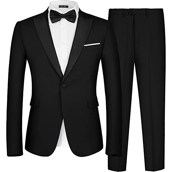 MAGE MALE Men's 2 Piece Suit One Button Slim Fit Formal Wedding Prom Tuxedo Suits Blazer Pants with Bow Tie Set Small Black-peak Lapel-1 amazon James Yang