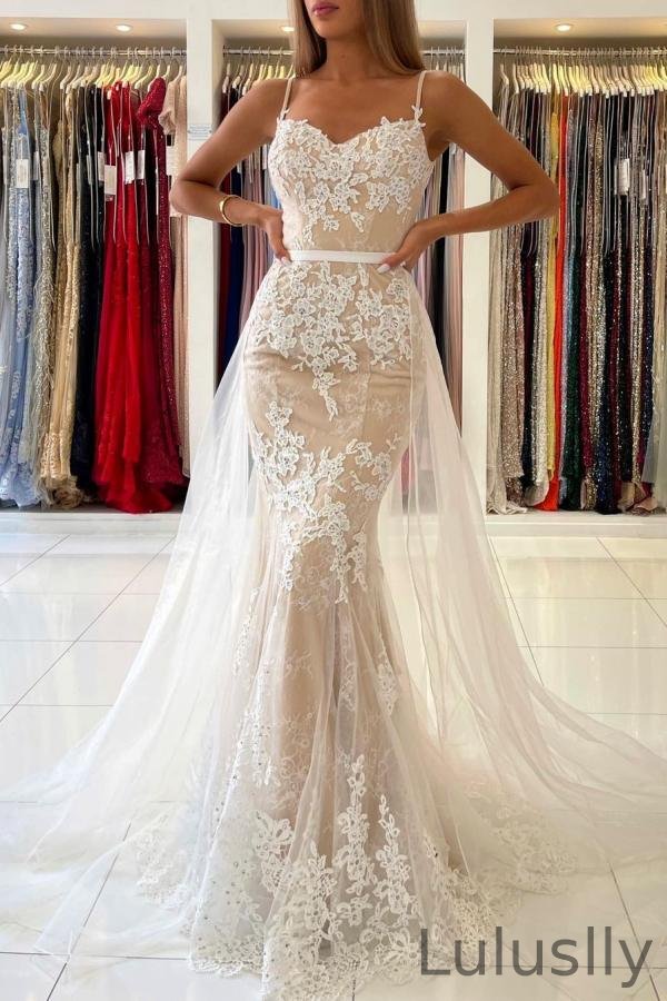 Luluslly Spaghetti-Straps Mermaid Prom Dress Lace Appliques