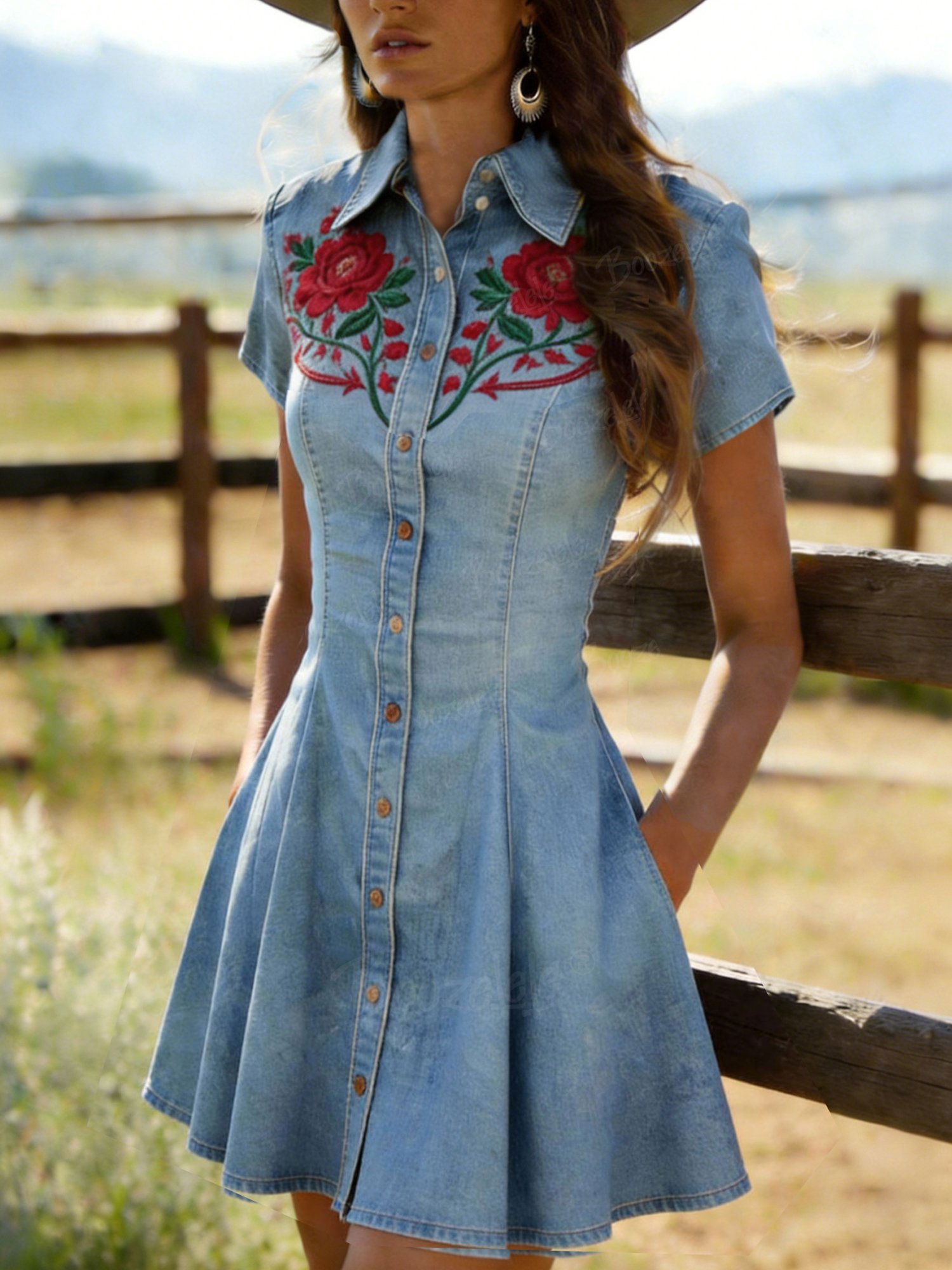 【Embroidery】 Women'S Vintage Floral Print Short-Sleeved Denim Dress With A Fitted Waist.