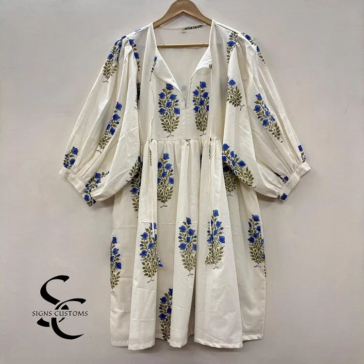 Hand Block Printed White & Blue Summer Midi Dress &ndash; Cotton Floral Dress with String Closure & Full Lining