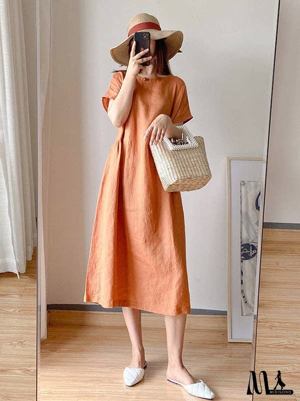 Casual Loose Solid Color Round-Neck Midi Dresses